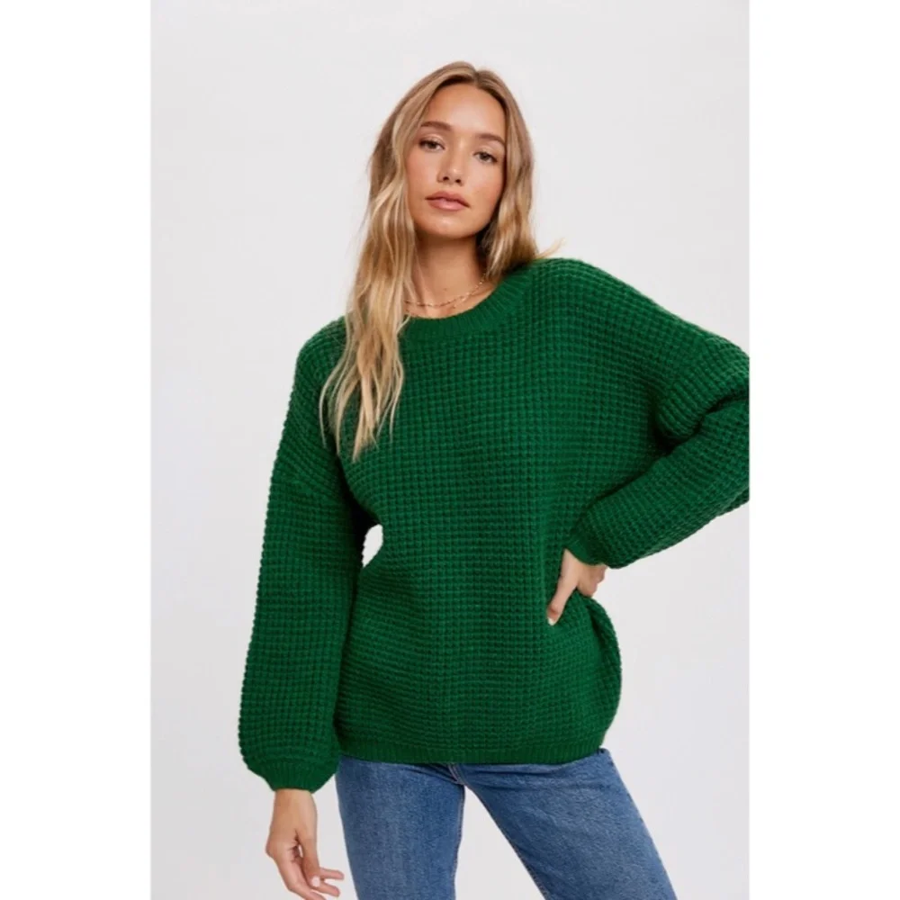SOLD OUT Forest Green Waffle Knit Pullover Chunky Wide Puff Sleeve Casual - Picture 4 of 8